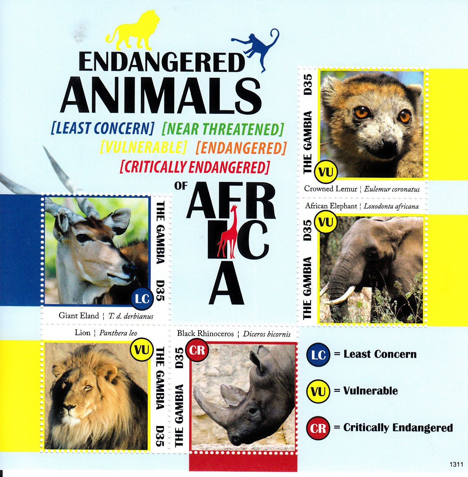 Gambia 2013 MNH Endangered Wild Animals Stamps Lions Rhinos Lemurs 5v M/S II