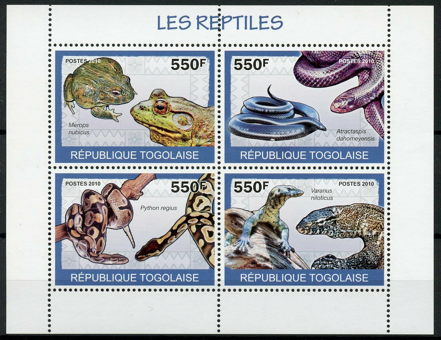 Togo Reptiles Stamps 2010 MNH Frogs Snakes Lizards Nile Monitor 4v M/S