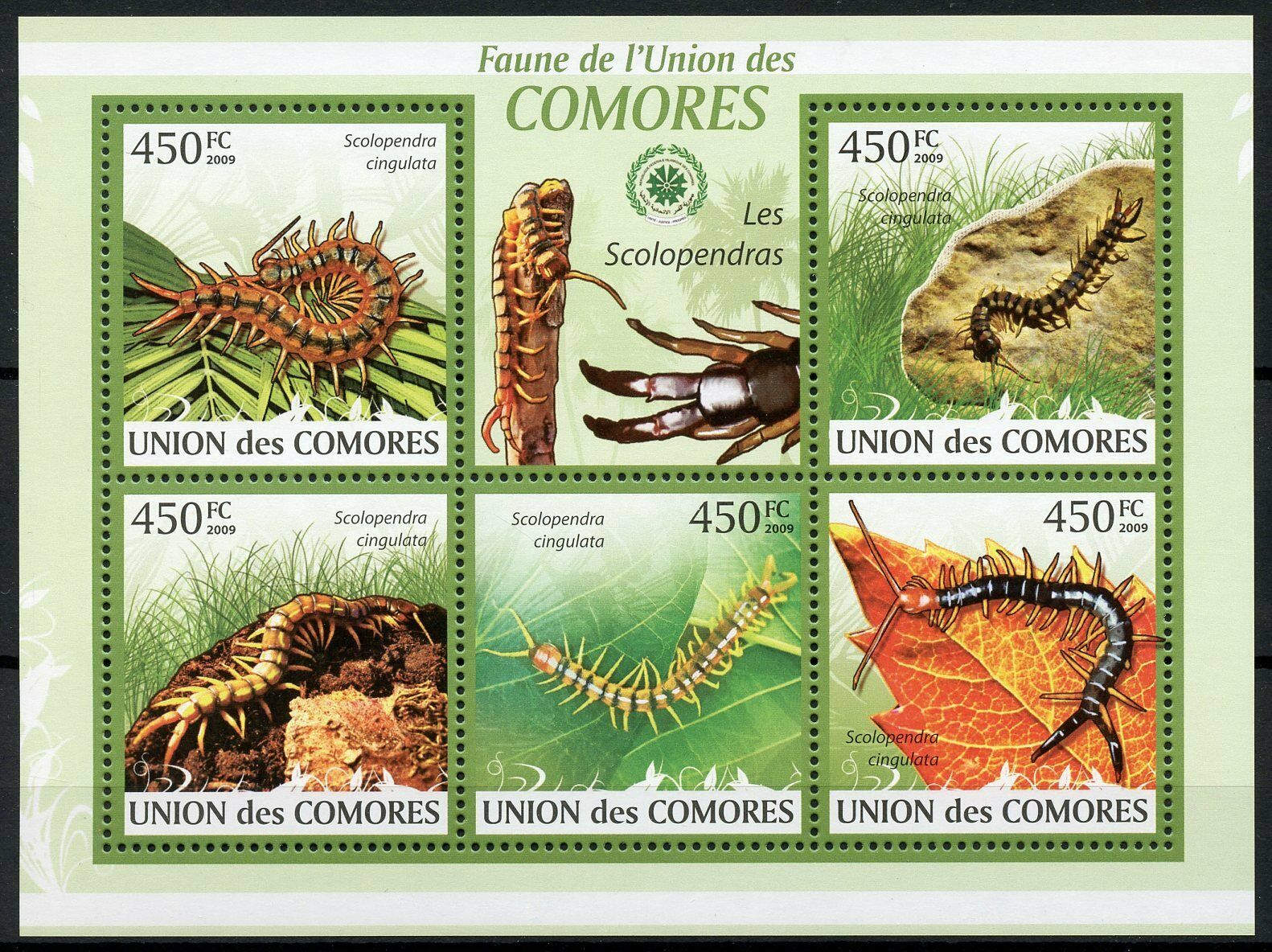 Comoros Insects Stamps 2009 MNH Centipedes Scolopendra 5v M/S