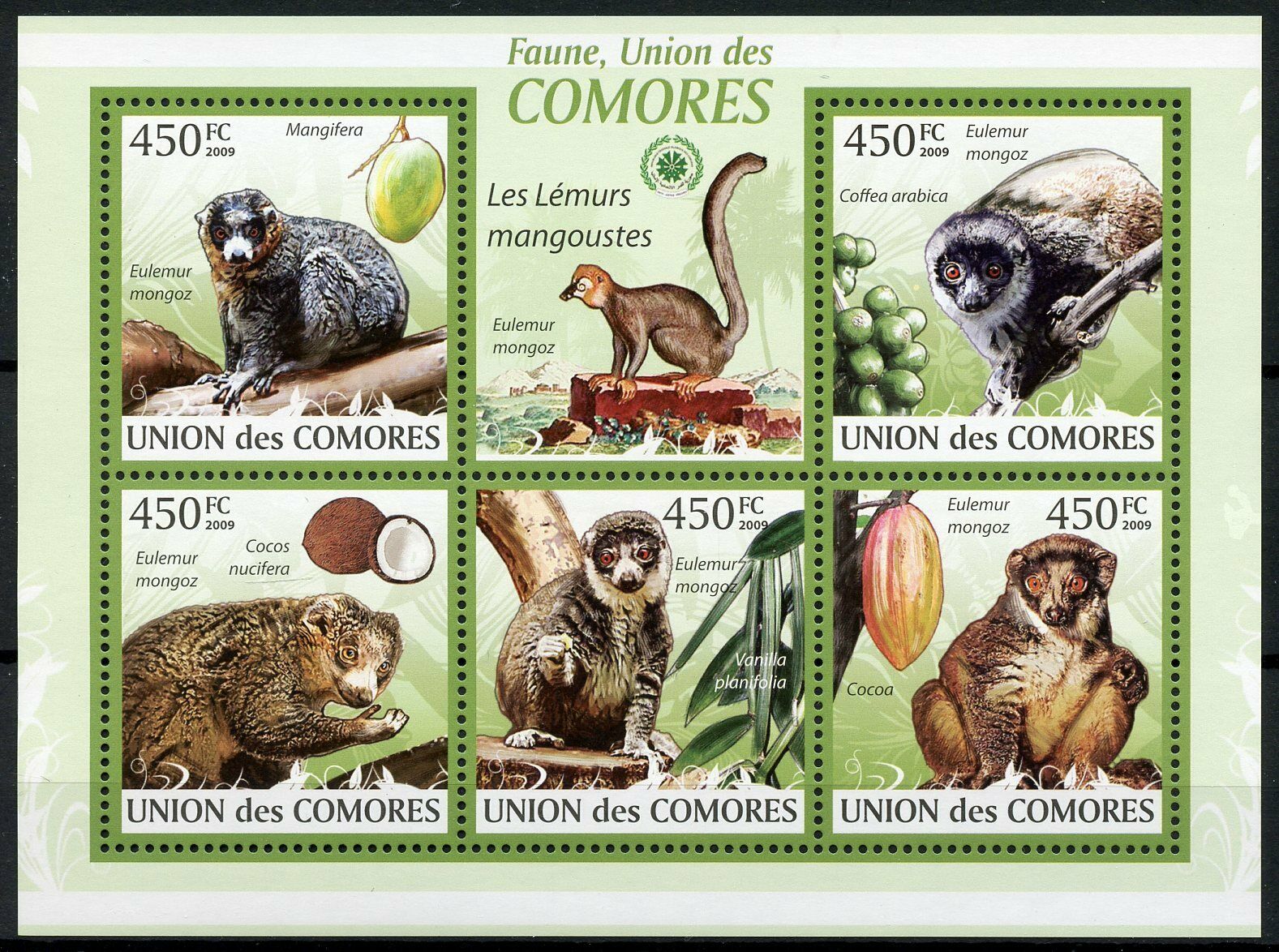 Comoros Wild Animals Stamps 2009 MNH Mongoose Lemurs Monkeys Fauna 5v M/S