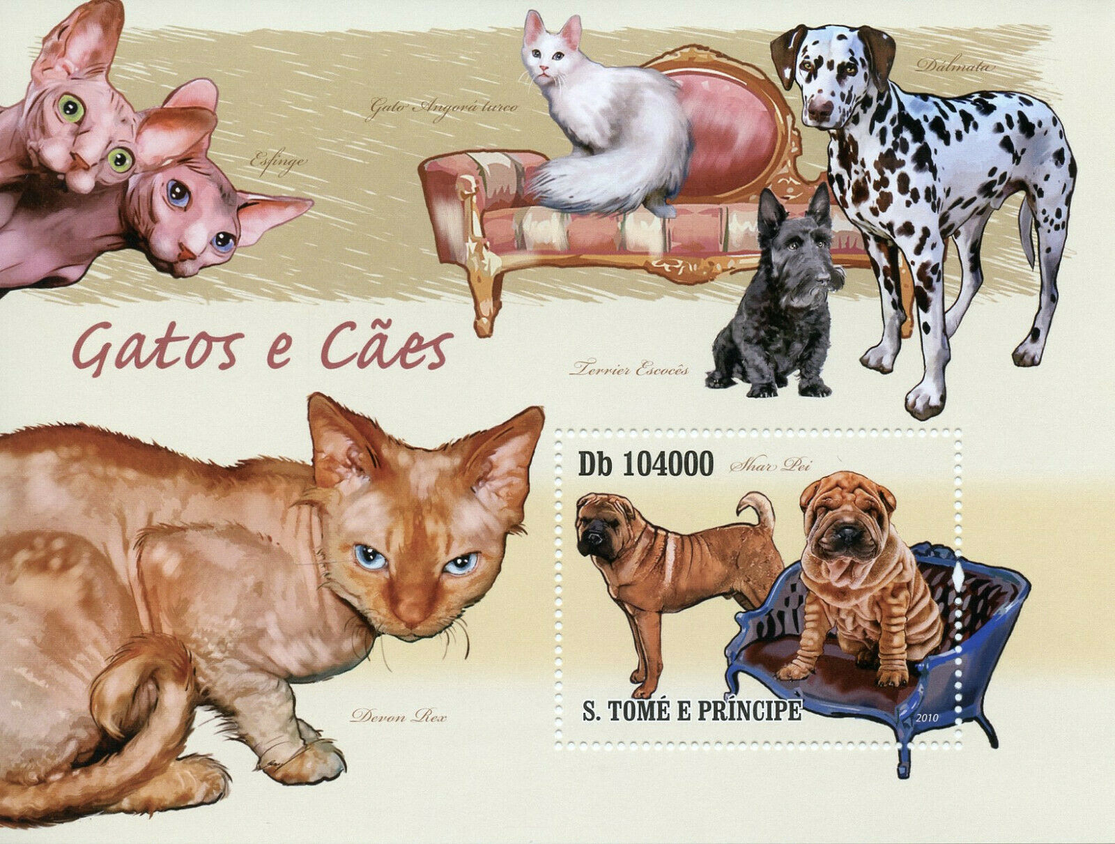 Sao Tome & Principe Cats & Dogs Stamps 2010 MNH Shar Pei Devon Rex Sphinx 1v S/S