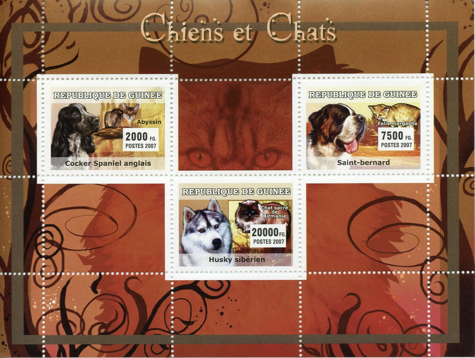 Guinea Cats & Dogs Stamps 2007 MNH Birman Husky Cocker Spaniel Abyssinian 3v M/S