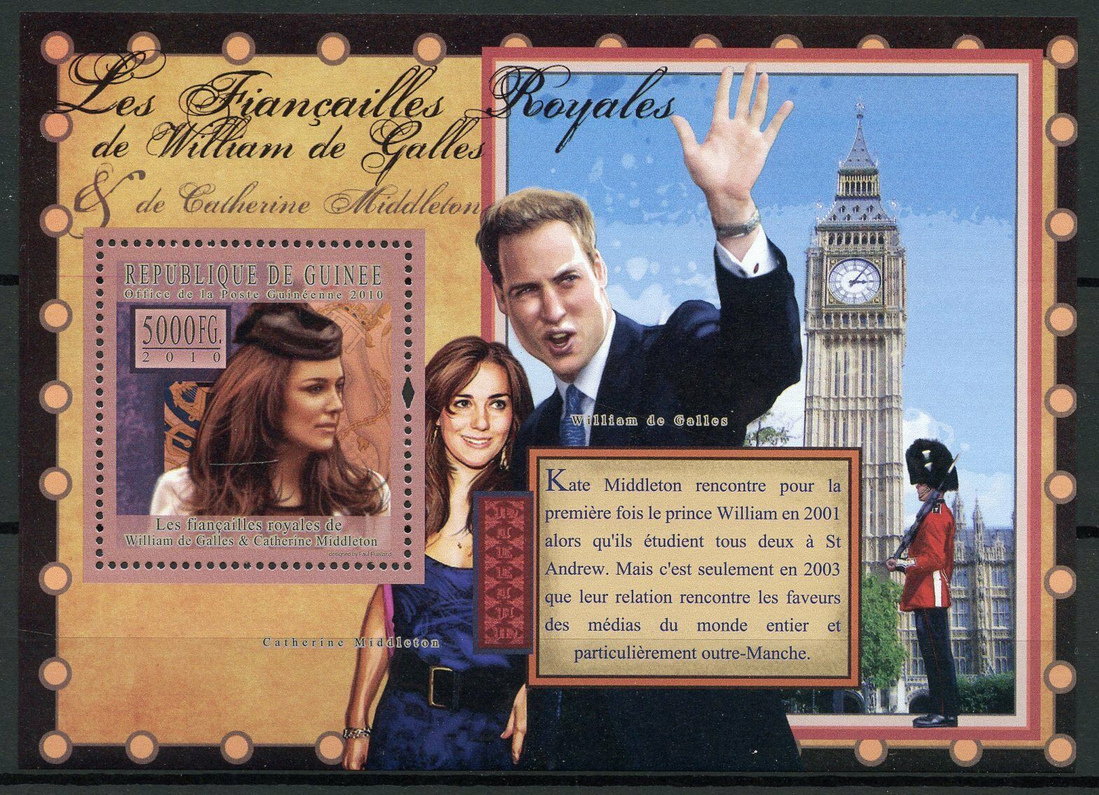 Guinea Royalty Stamps 2010 MNH Royal Engagement Prince William & Kate 1v S/S II