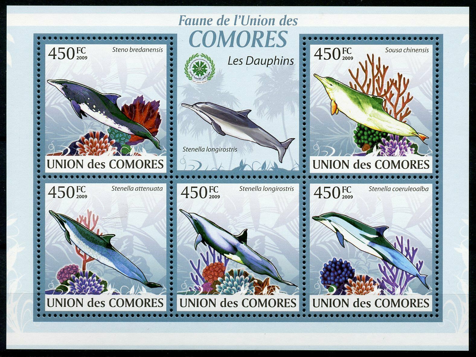 Comoros Dolphins Stamps 2009 MNH Dolphin Marine Animals Mammals Fauna 5v M/S