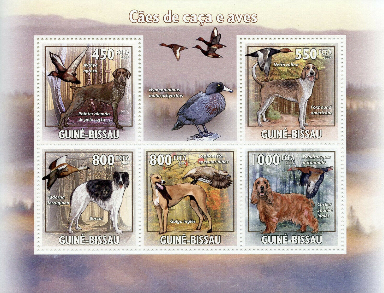 Guinea-Bissau Hunting Dogs & Birds on Stamps 2009 MNH Ducks Geese Borzoi 5v M/S