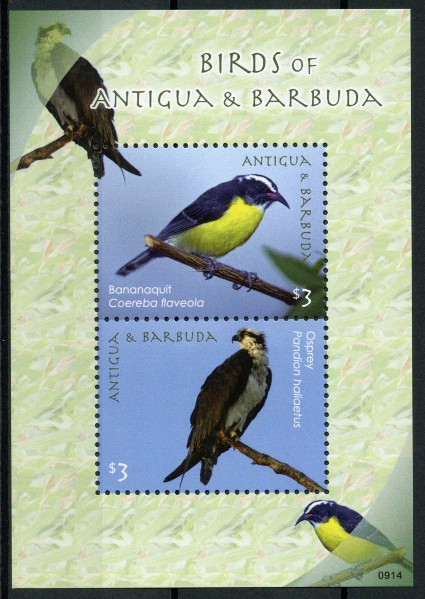 Antigua & Barbuda 2009 MNH Birds on Stamps Bananaquit Osprey Bird of Prey 2v S/S