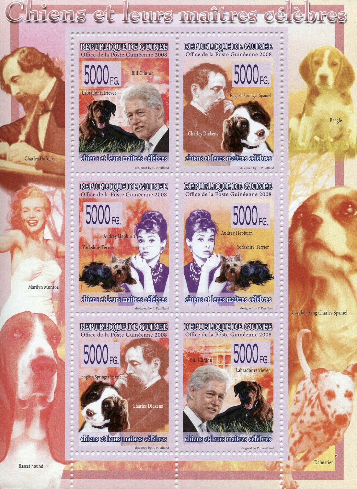 Guinea Dogs & Famous People 2008 MNH Charles Dickens Audrey Hepburn 6v M/S