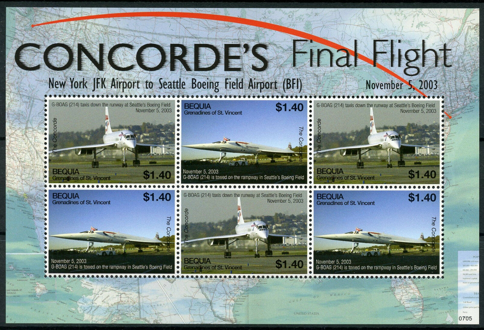 Bequia Gren St Vincent 2007 MNH Concorde Stamps Final Flight G-BOAG JFK Aviation 6v M/S