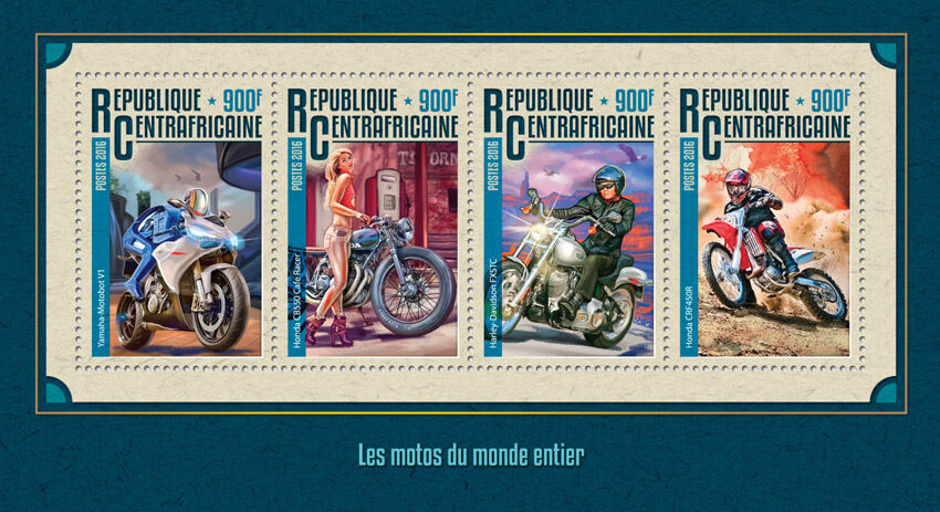 Central African Rep Motorcycles Stamps 2016 MNH Harley Davidson Honda 4v M/S