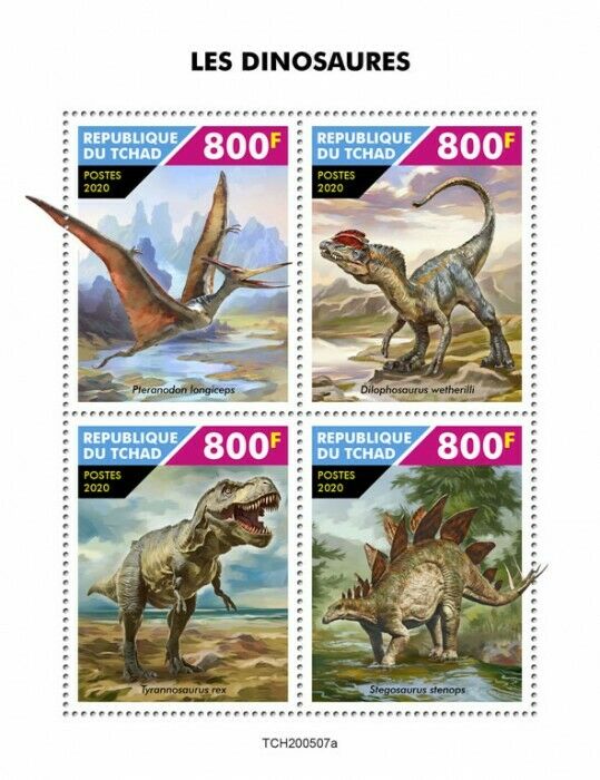 Chad 2020 MNH Dinosaurs Stamps Prehistoric Animals T-Rex Stegosaurus 4v M/S