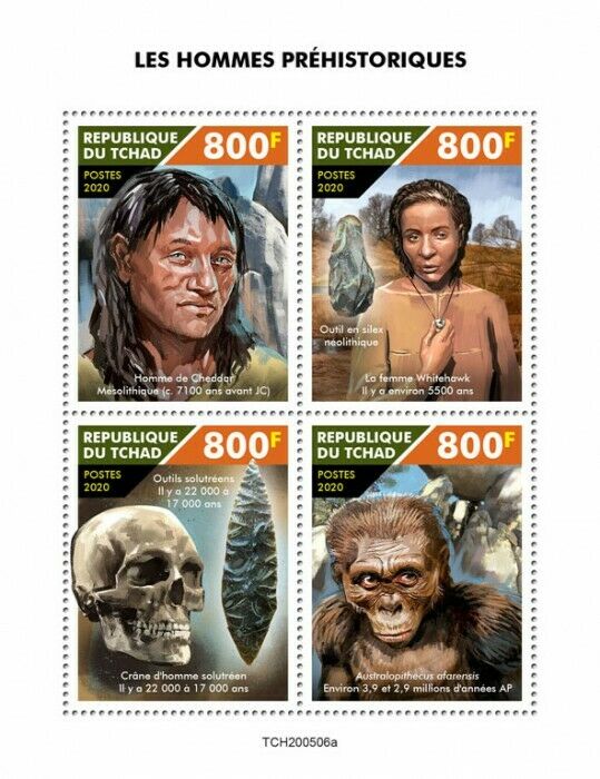 Chad 2020 MNH Stamps Prehistoric Humans Cheddar Man Whitehawk Woman 4v M/S