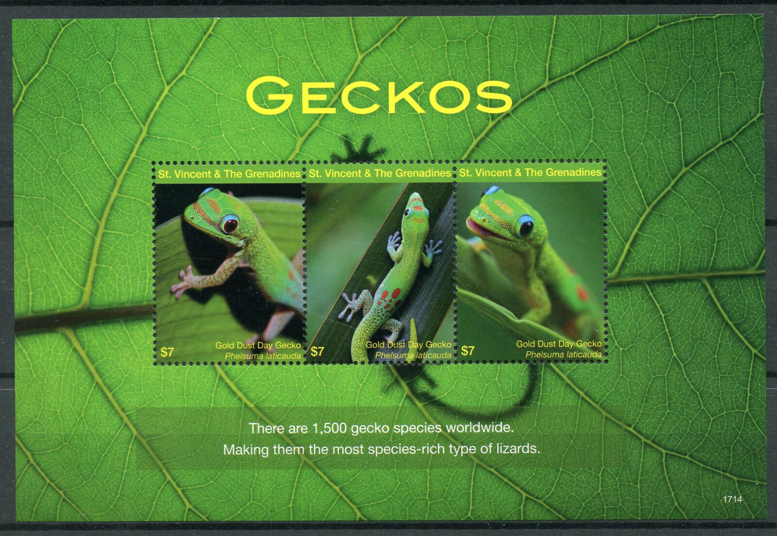 St Vincent & Grenadines Reptiles Stamps 2017 MNH Geckos Gecko Lizards 3v M/S II