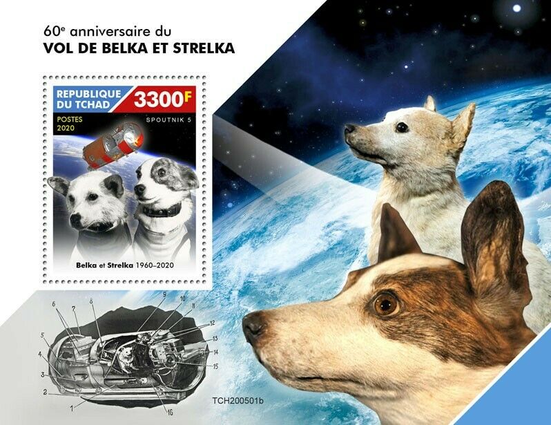 Chad 2020 MNH Space Stamps Dogs Belka & Strelka Flight 1v S/S