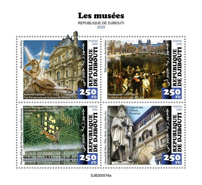 Djibouti Art Stamps 2020 MNH Museums Louvre Rembrandt Henri Roussea 4v M/S