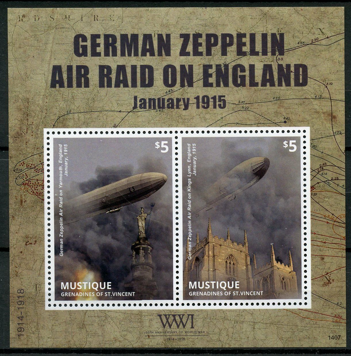 Mustique Gren St Vincent Military Stamps 2014 MNH WWI WW1 German Zeppelin 2v S/S