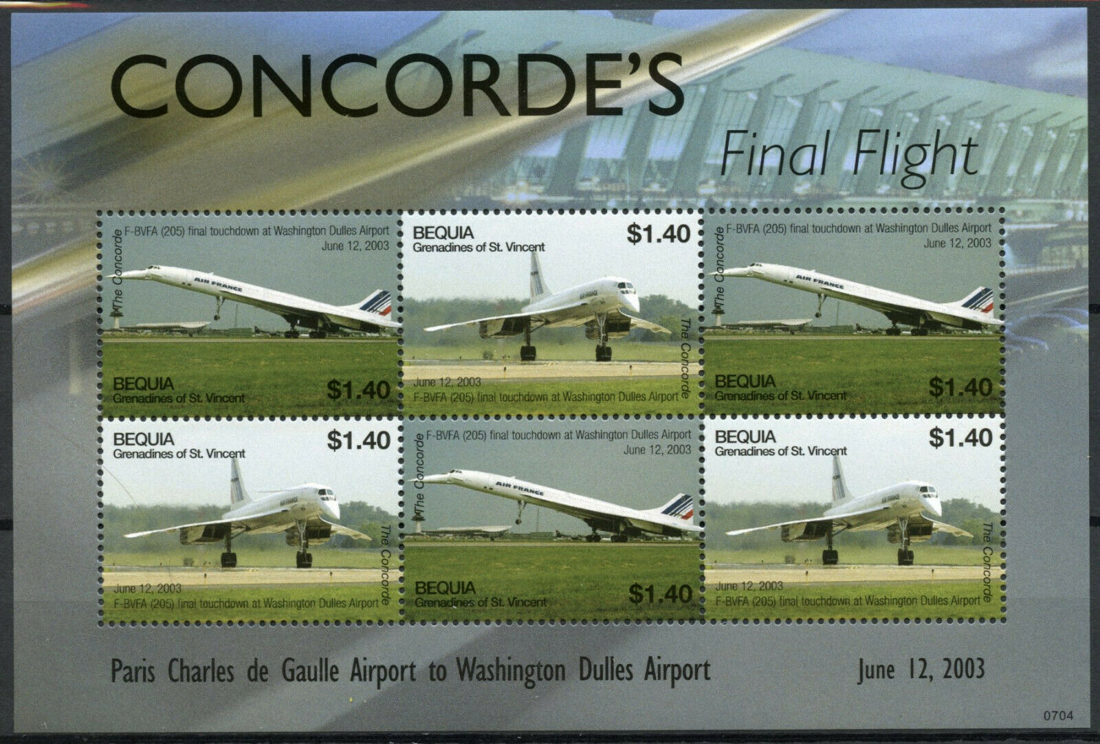 Bequia Gren St Vincent 2007 MNH Concorde Stamps Final Flight F-BVFA Paris 6v M/S
