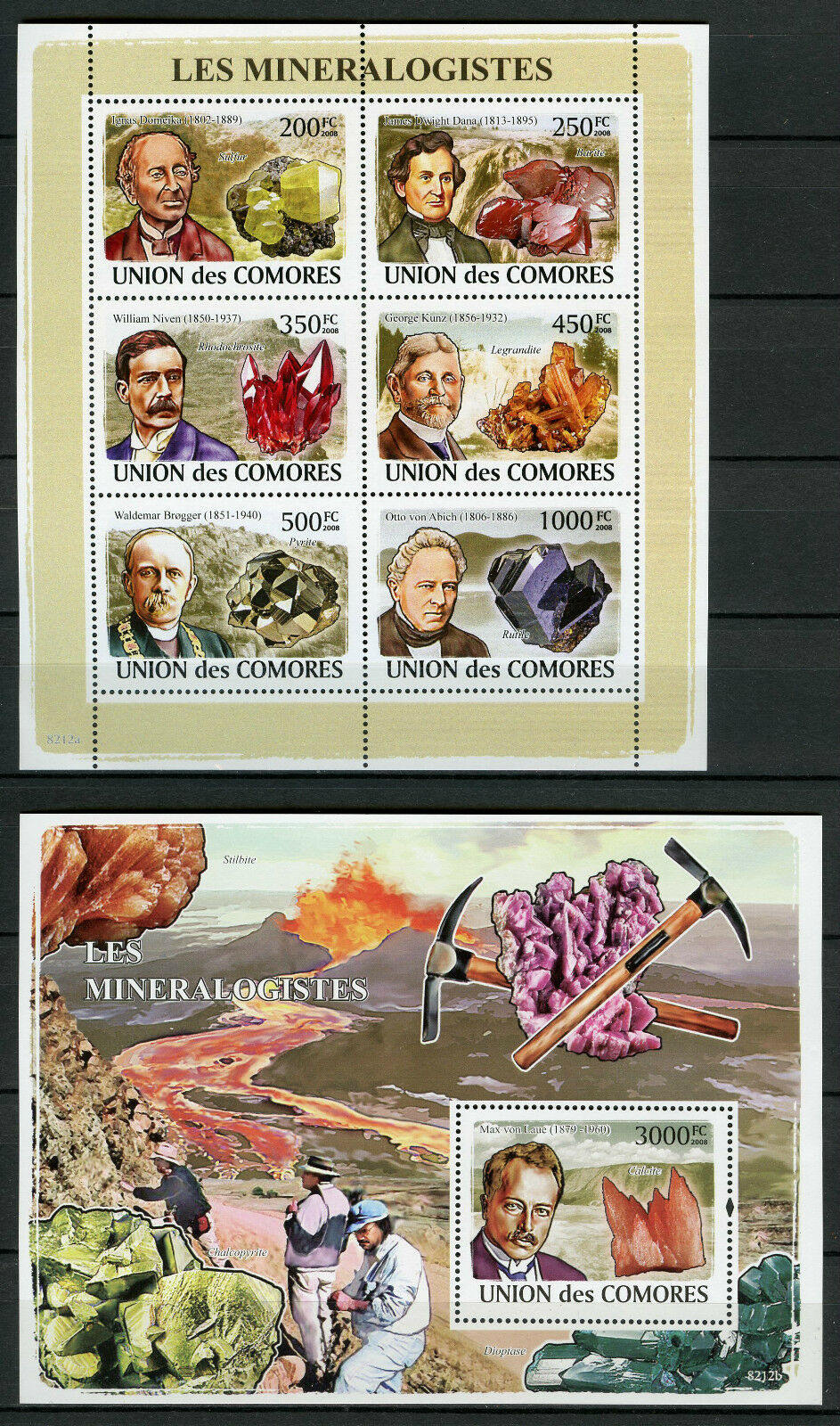 Comoros Comores 2008 MNH Mineralogists Barite 6v M/S 1v S/S Minerals Stamps