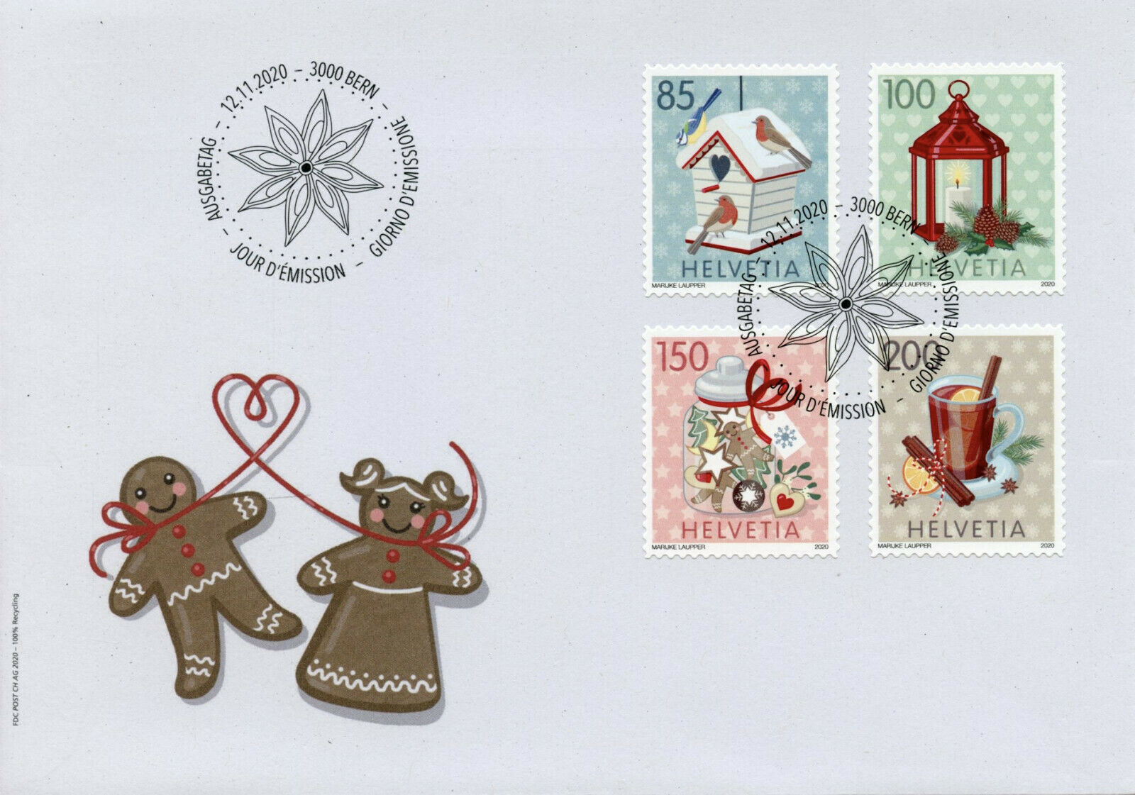 Switzerland Christmas Stamps 2020 FDC Wintery Moments Robins Decorations 4v S/A