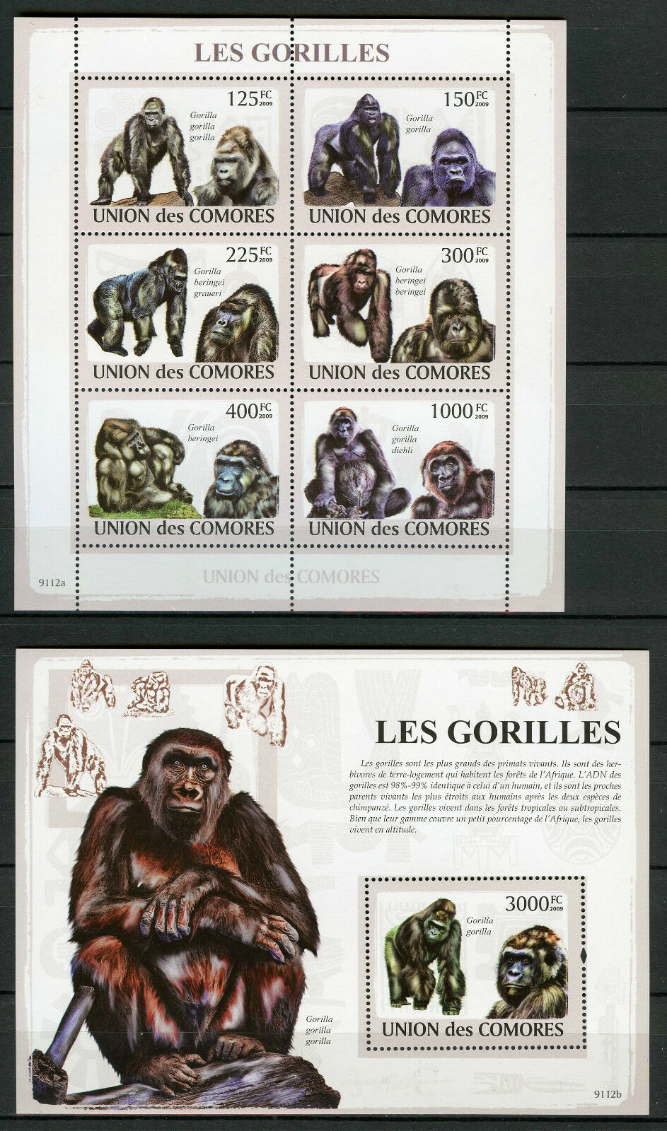 Comoros Comores 2009 MNH Gorillas 6v M/S 1v S/S Gorilles Wild Animals Stamps