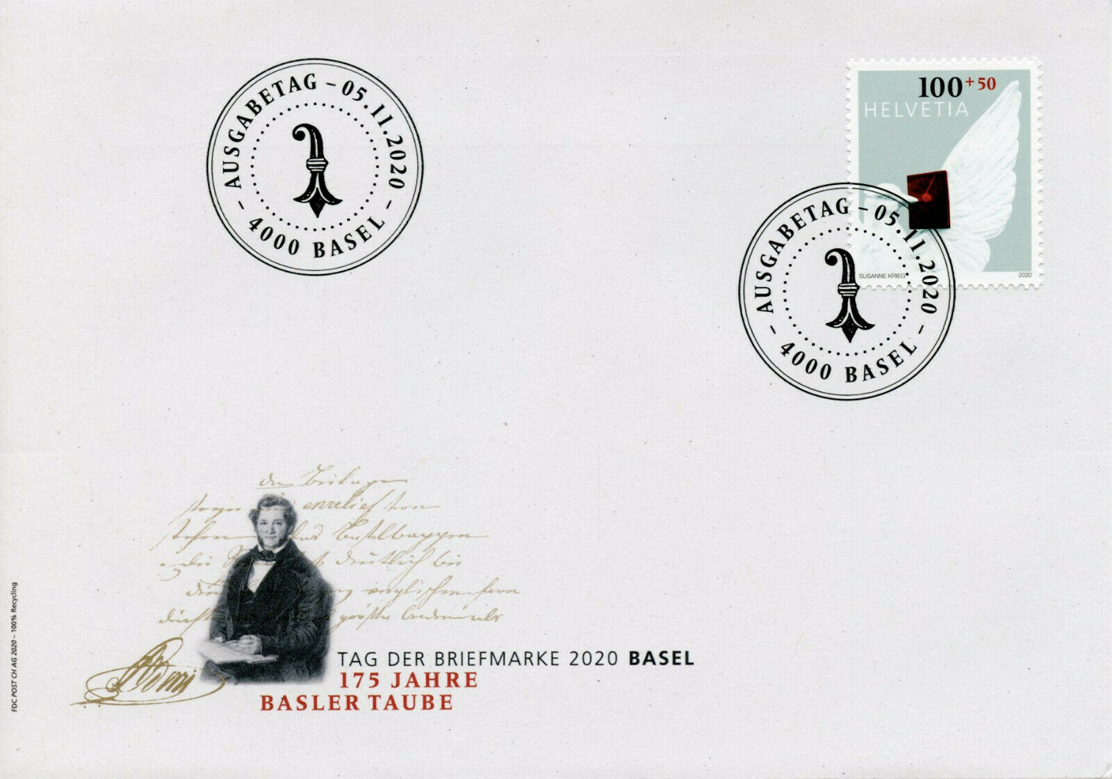 Switzerland Stamps 2020 FDC Stamp Day Basel Dove Basler Taube Dybli 1v Set