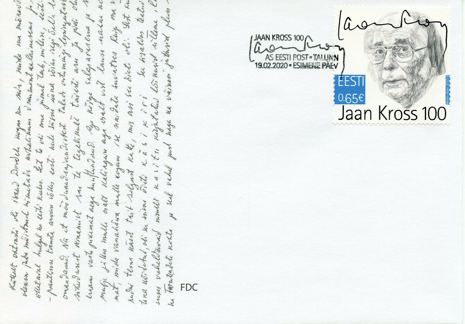 Estonia Famous People Stamps 2020 FDC Jaan Kross Poets Writers 1v Set
