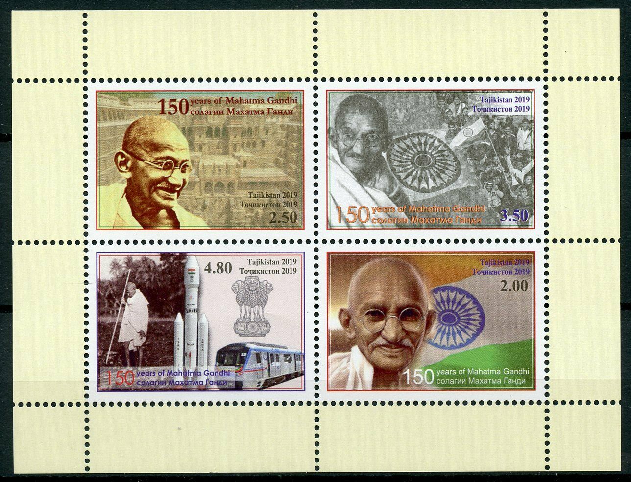 Tajikistan Mahatma Gandhi Stamps 2019 MNH Historical Figures Trains Flags 4v M/S