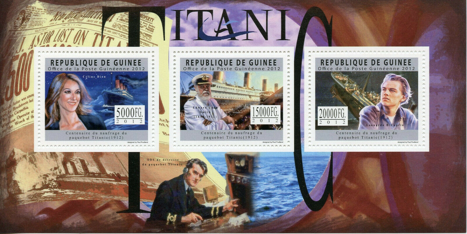 Guinea 2012 MNH Titanic Celine Dion Leonardo DiCaprio 3v M/S Ships Boats Stamps