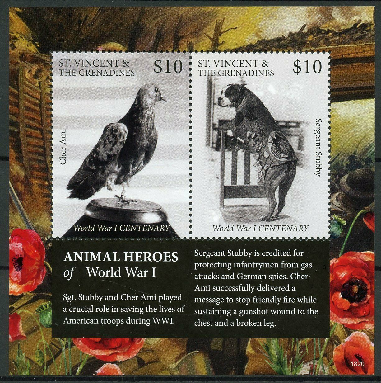 St Vincent & Grenadines Stamps 2018 MNH WWI WW1 World War I Animals Dogs 2v S/S