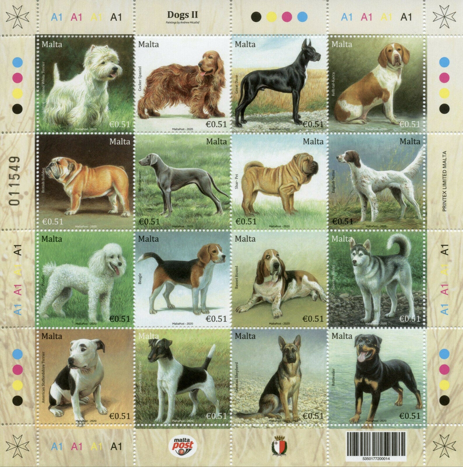 Malta Dogs Stamps 2020 MNH Poodle Beagle British Bulldog Husky Terrier 16v M/S