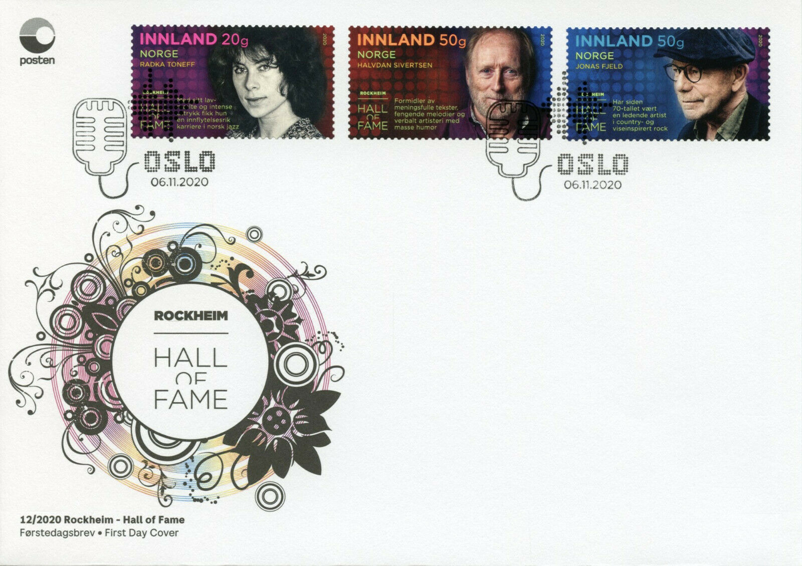 Norway Music Stamps 2020 FDC Rockheim Hall of Fame Fjeld Radka Toneff 3v S/A Set