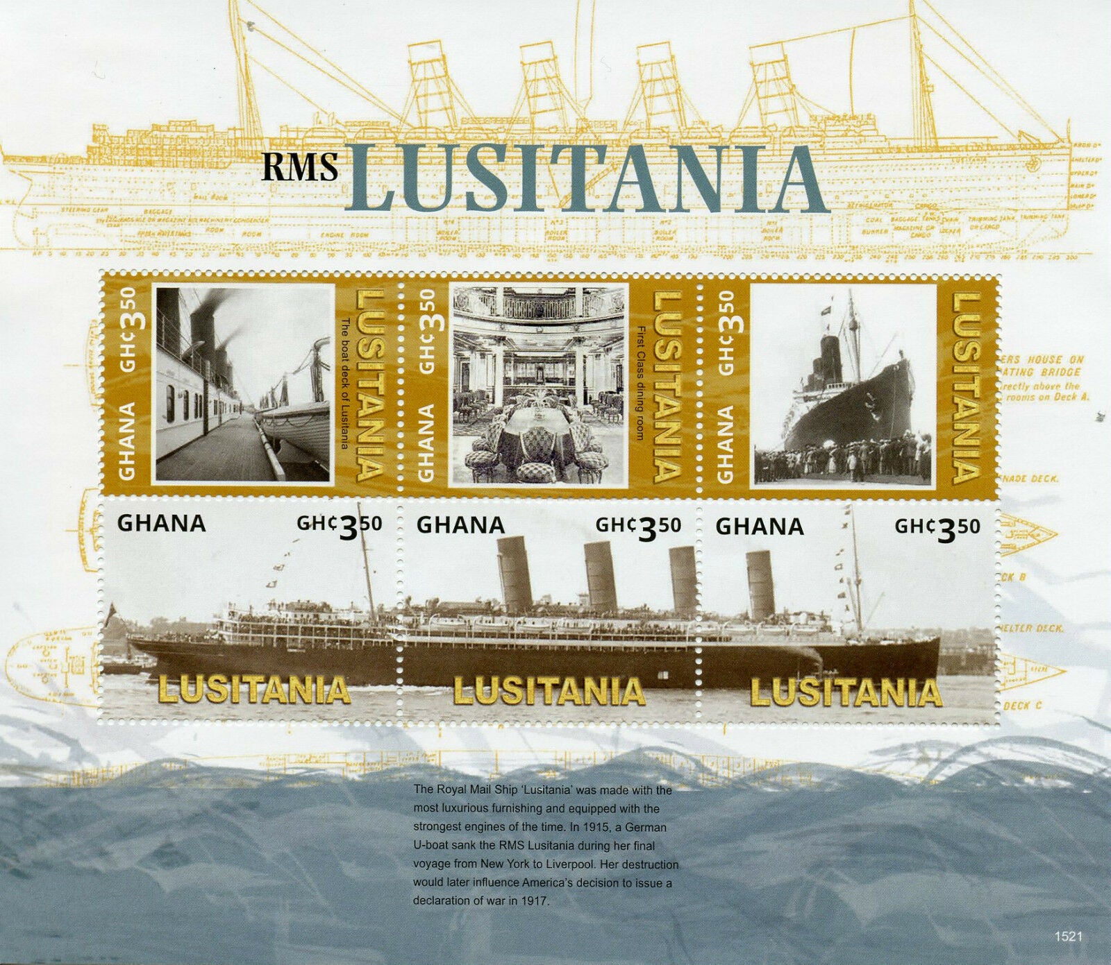 Ghana Ships Stamps 2015 MNH WWI WW1 Lusitania Boats Military & War 6v M/S