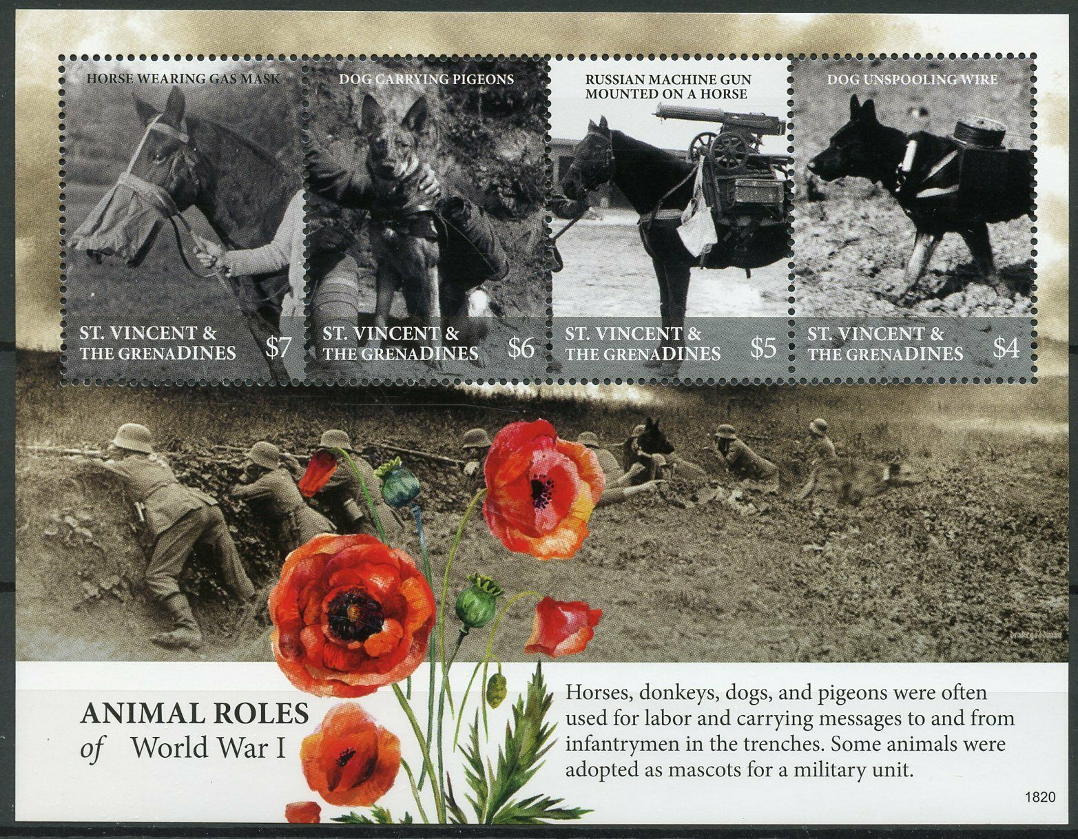 St Vincent & Grenadines Stamps 2018 MNH WWI WW1 World War I Animals Dogs 4v M/S