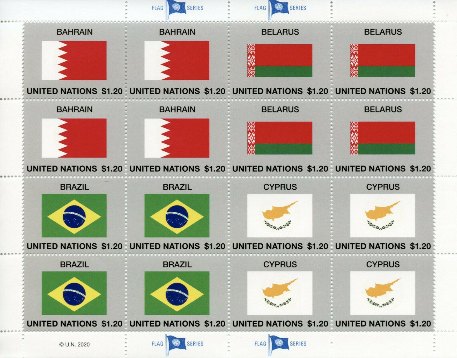 United Nations UN Flags Stamps 2020 MNH Flag Series 56 Bahrain Brazil 16v M/S