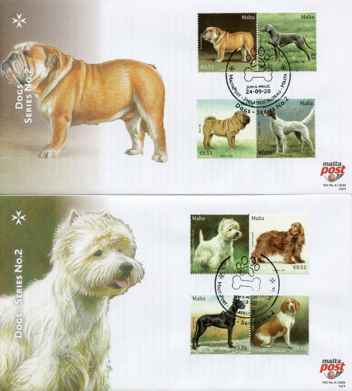 Malta Dogs Stamps 2020 FDC Poodle Beagle British Bulldog Husky Terrier 16v Set