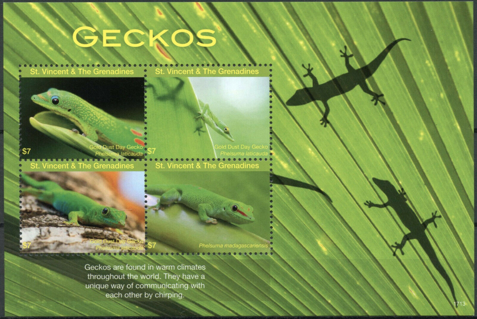 St Vincent & Grenadines Reptiles Stamps 2017 MNH Geckos Gecko Lizards 4v M/S I