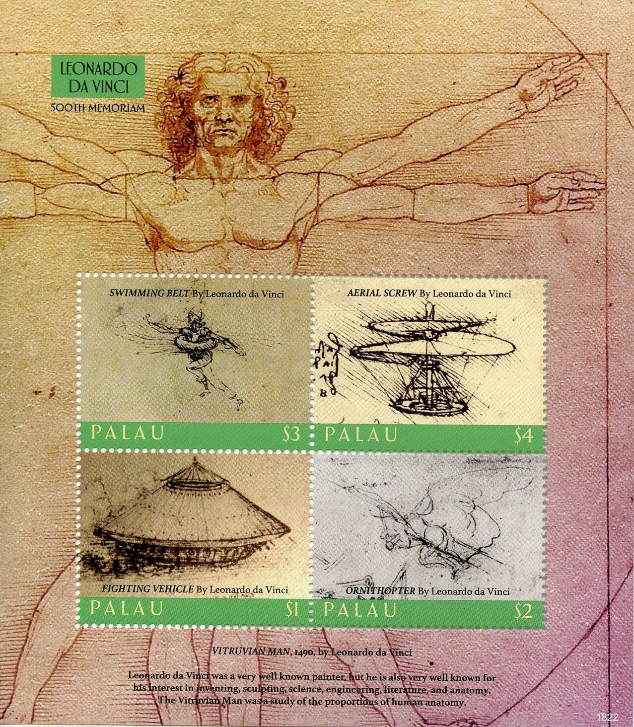 Palau Art Stamps 2018 MNH Leonardo Da Vinci Inventions Famous People 4v M/S