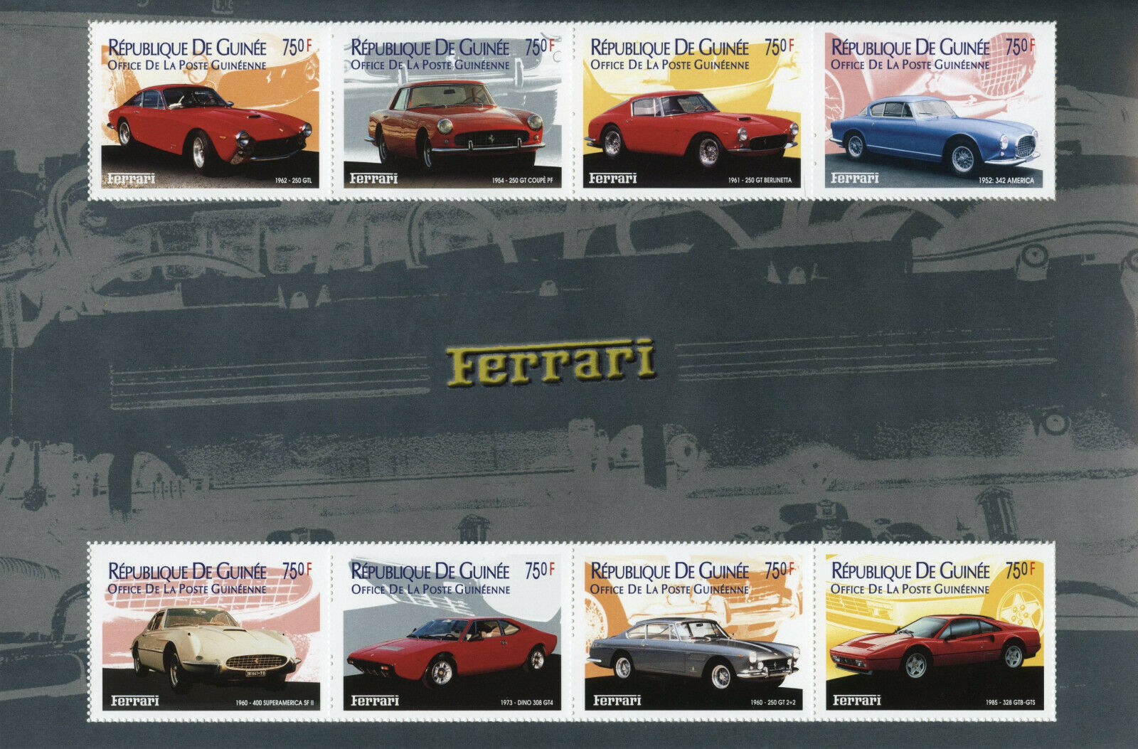 Guinea Cars Stamps 2002 MNH Ferrari 400 Superamerica SF II 250 GT Coupe 8v M/S