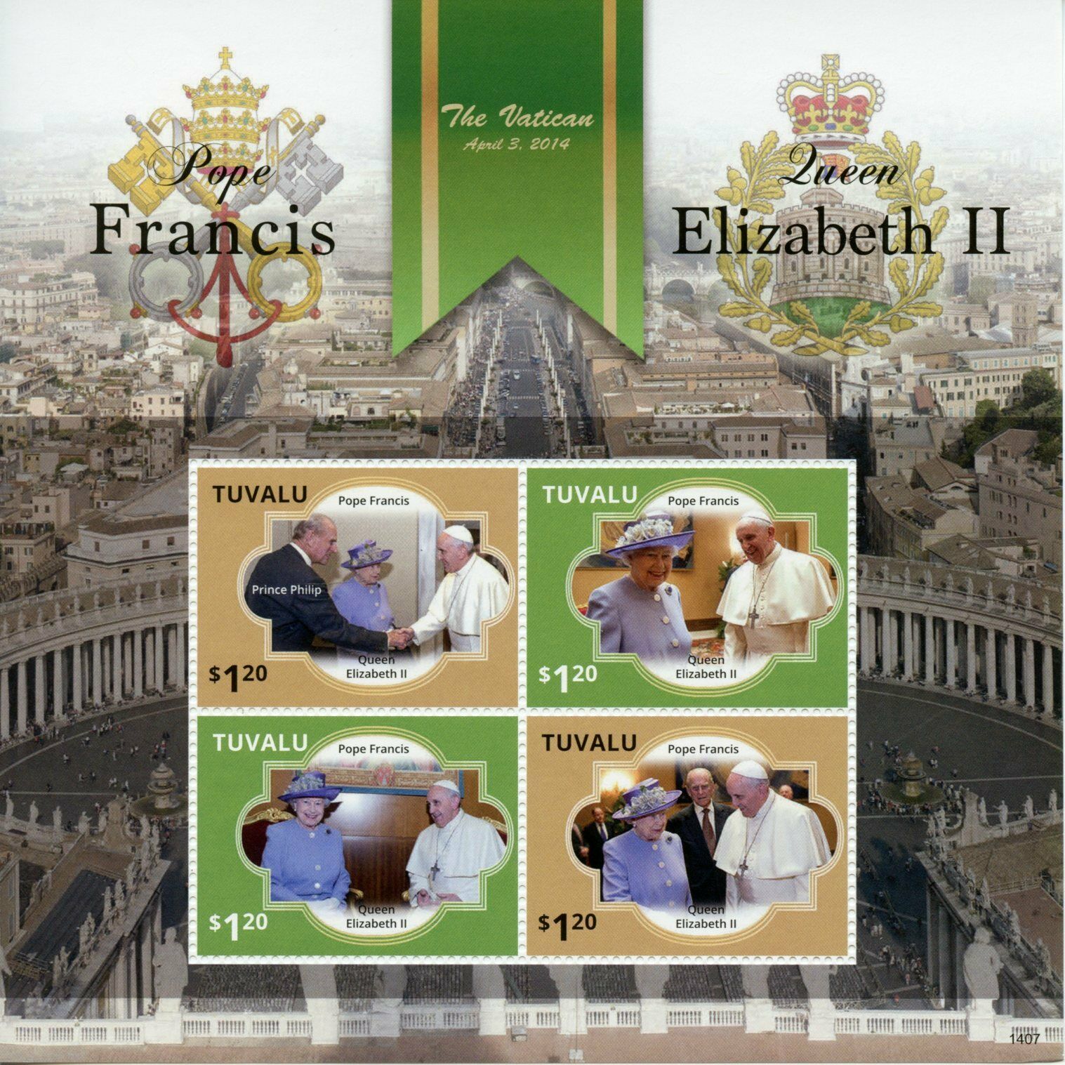 Tuvalu Royalty Stamps 2014 MNH Pope Francis Meets Queen Elizabeth II 4v M/S