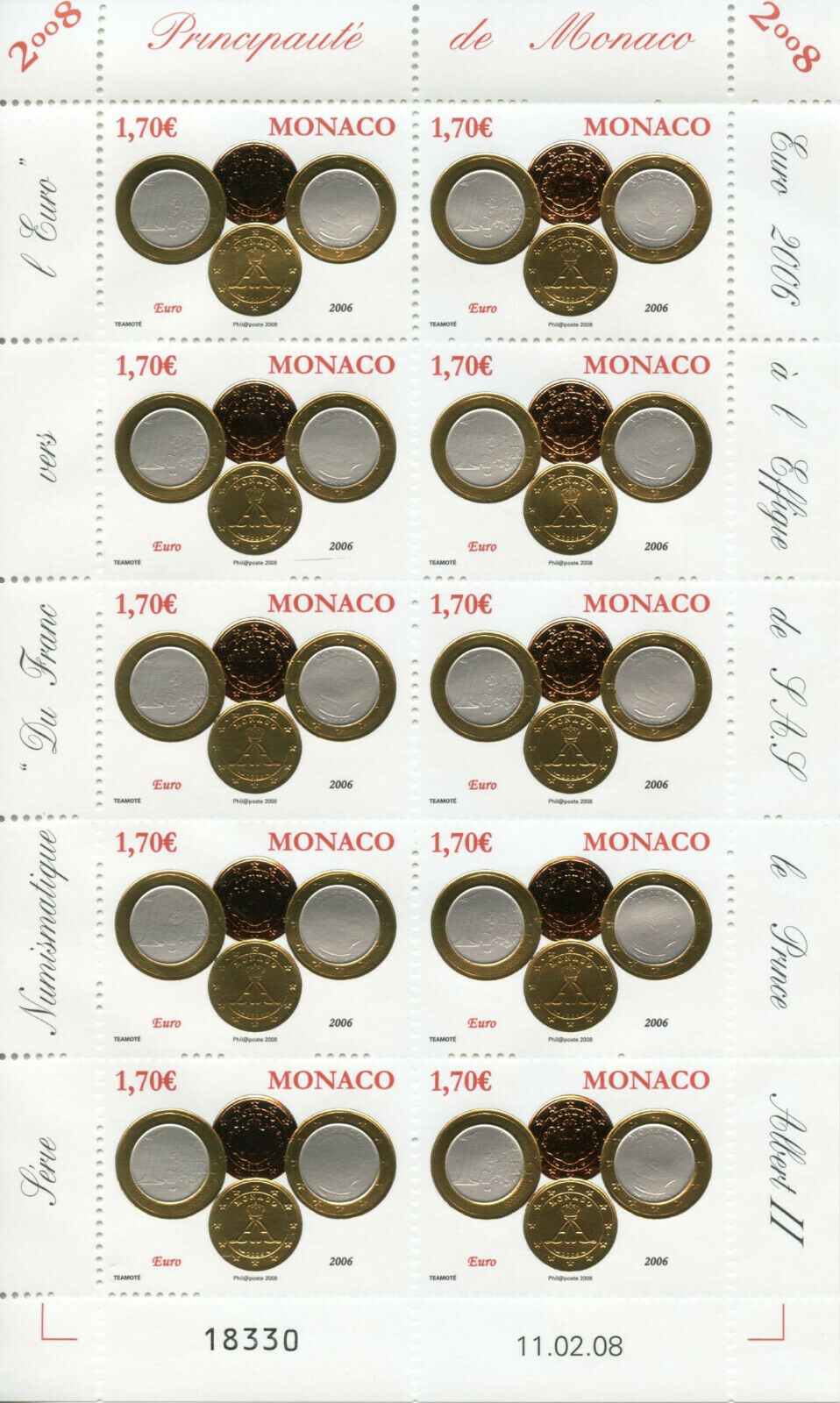 Monaco Coins on Stamps 2008 MNH Euro Coins Numismatics E1.70 10v M/S