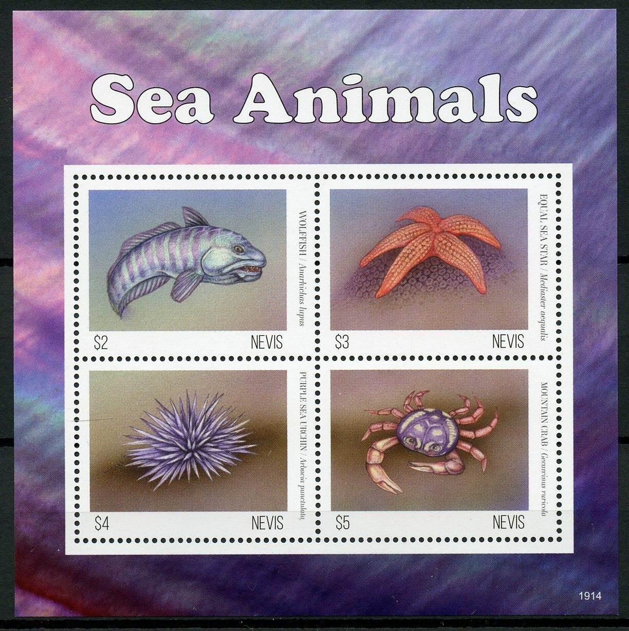 Nevis 2019 MNH Marine Animals Stamps Sea Animals Fish Crabs Sea Star Urchin 4v M/S