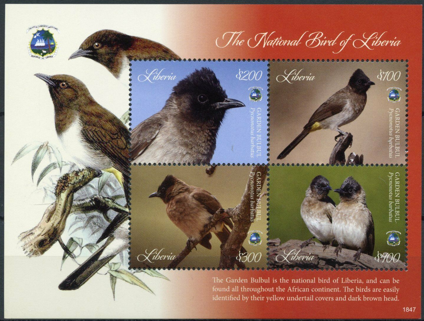 Liberia 2018 MNH Birds on Stamps Garden Bulbul National Bird 4v M/S