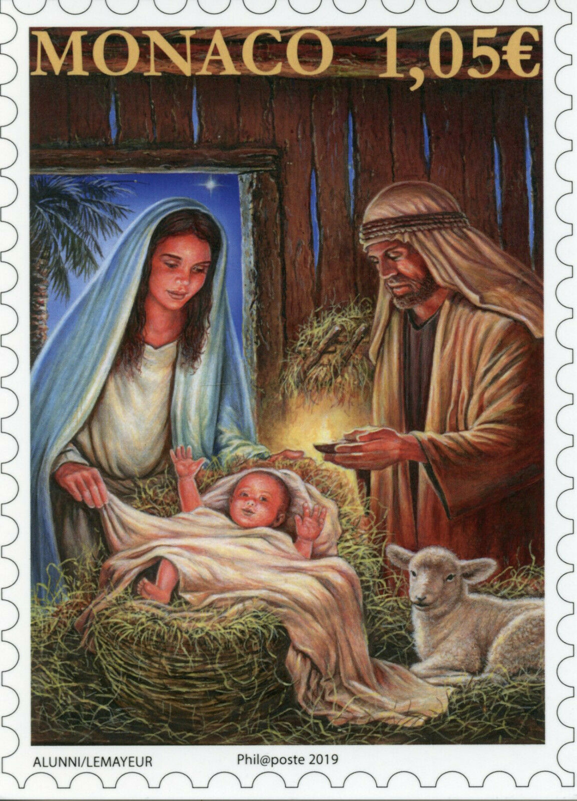 Monaco Christmas Stamps on Postcard 2019 Nativity Mary Baby Jesus 1v Set