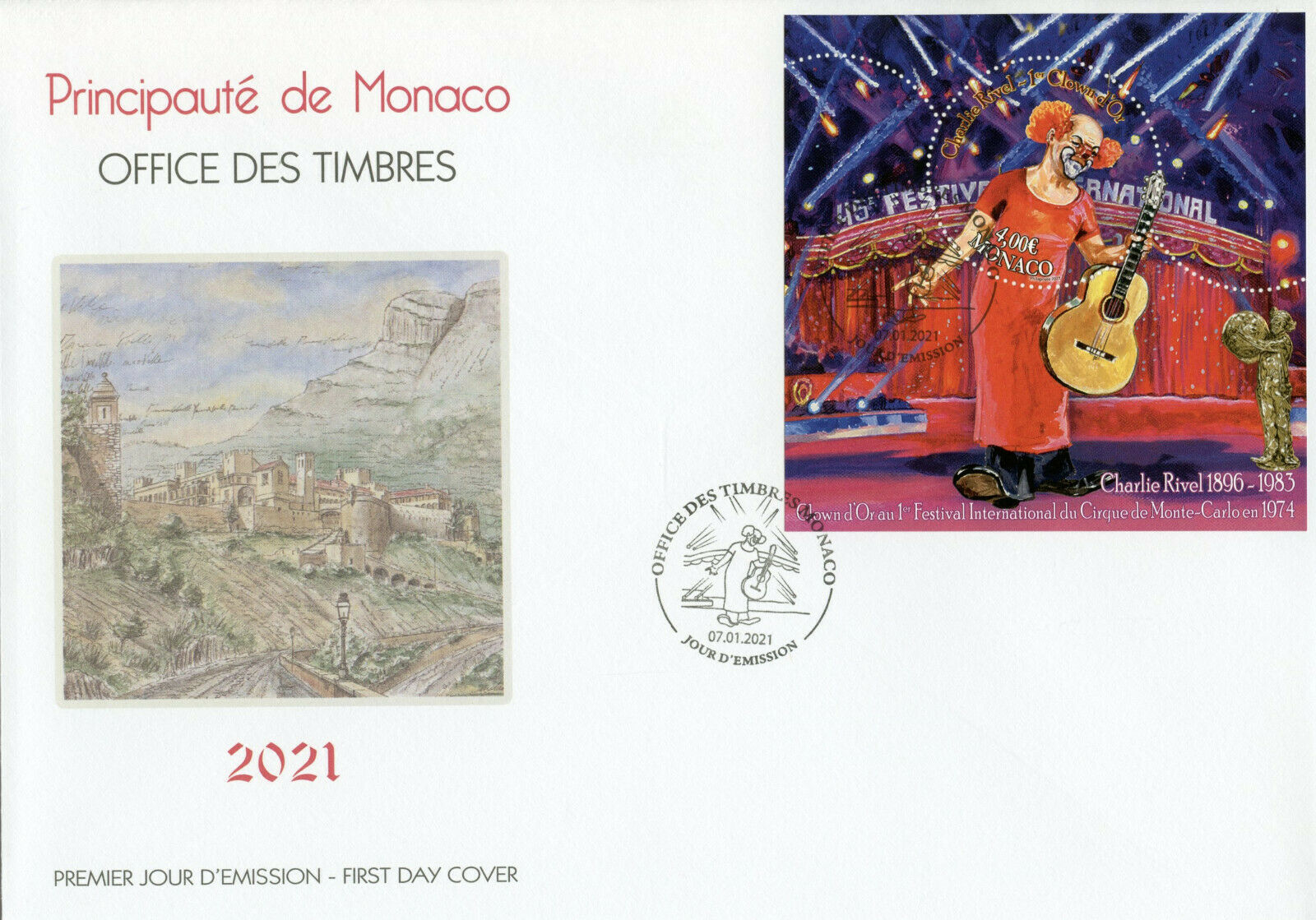 Monaco Circus Stamps 2021 FDC Clown Charlie Rivel Clowns Cultures 1v M/S