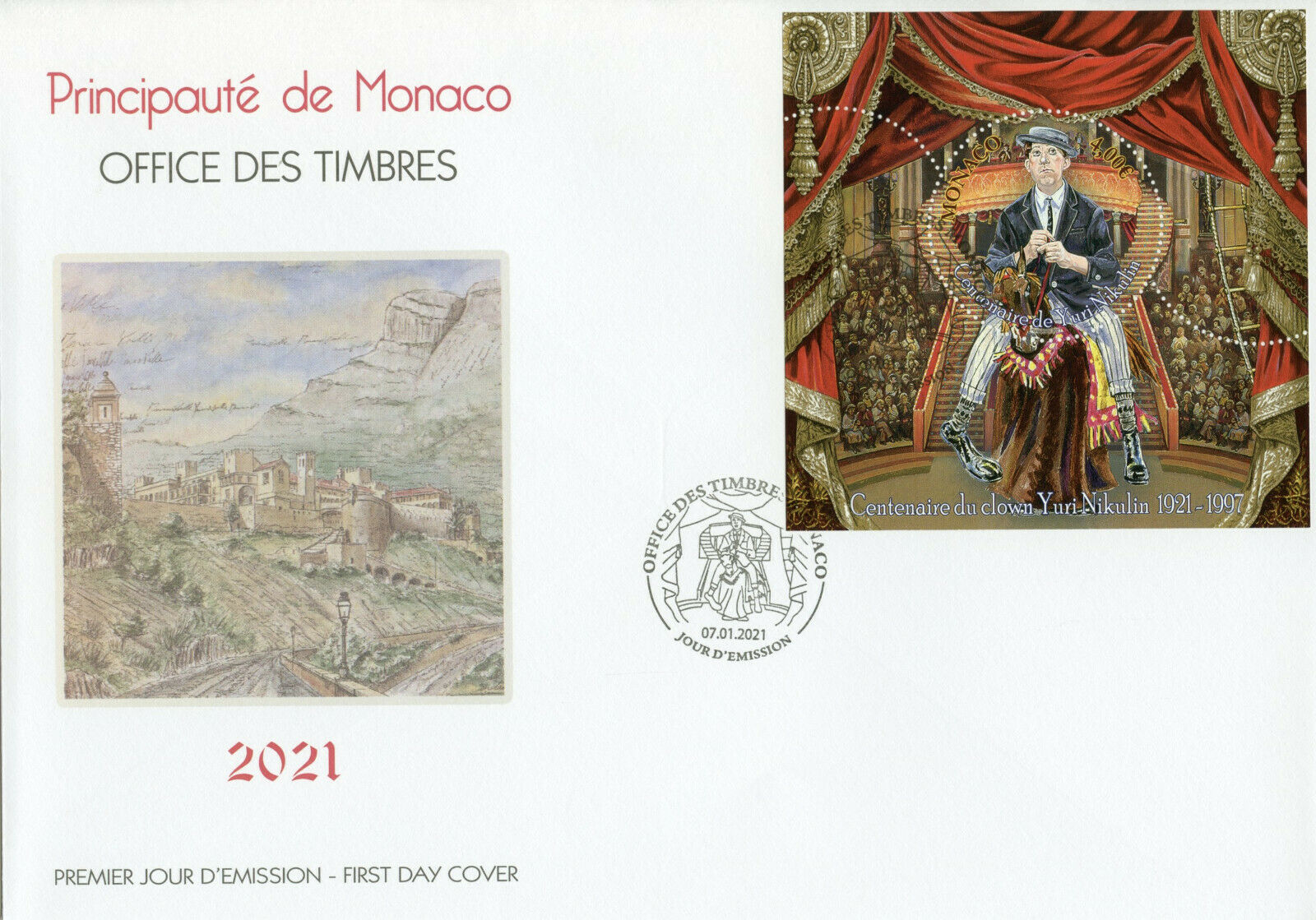 Monaco Circus Stamps 2021 FDC Clown Yuri Nikulin Clowns Cultures 1v M/S