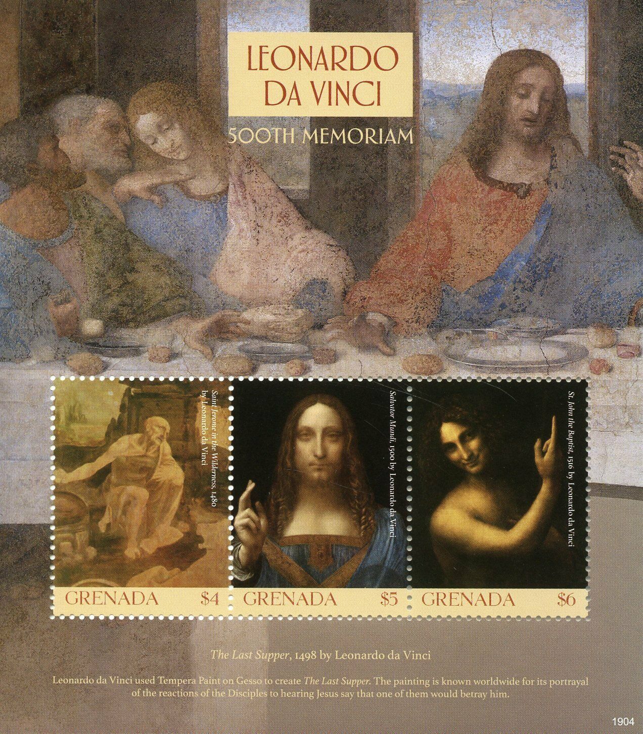 Grenada Art Stamps 2019 MNH Leonardo Da Vinci 500th Memorial Last Supper 3v M/S