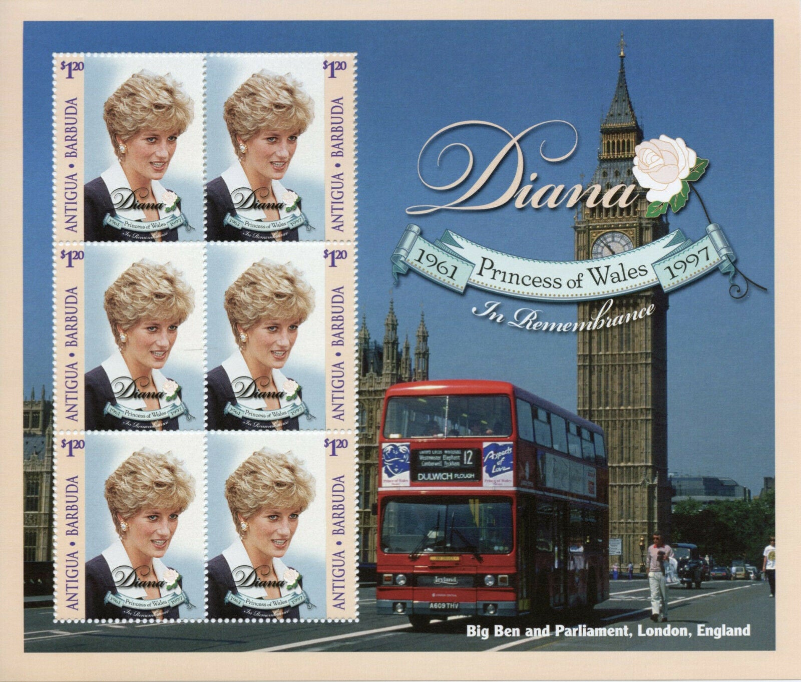 Antigua & Barbuda Royalty Stamps 1997 MNH Princess Diana Memorial Big Ben 6v M/S