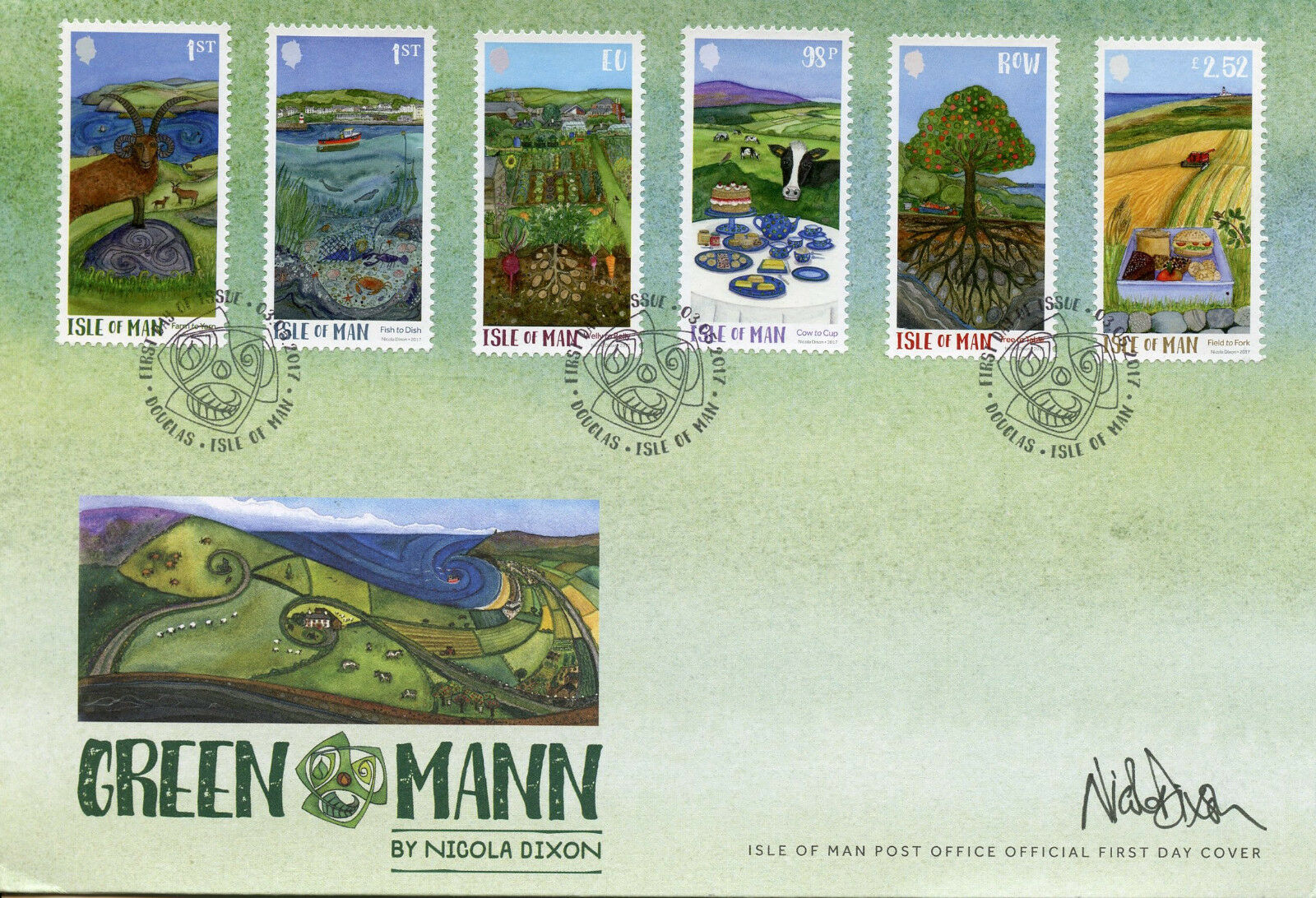 Isle of Man IOM 2017 FDC Green Mann 6v Cover Trees Plants Cows Nature Art Stamps