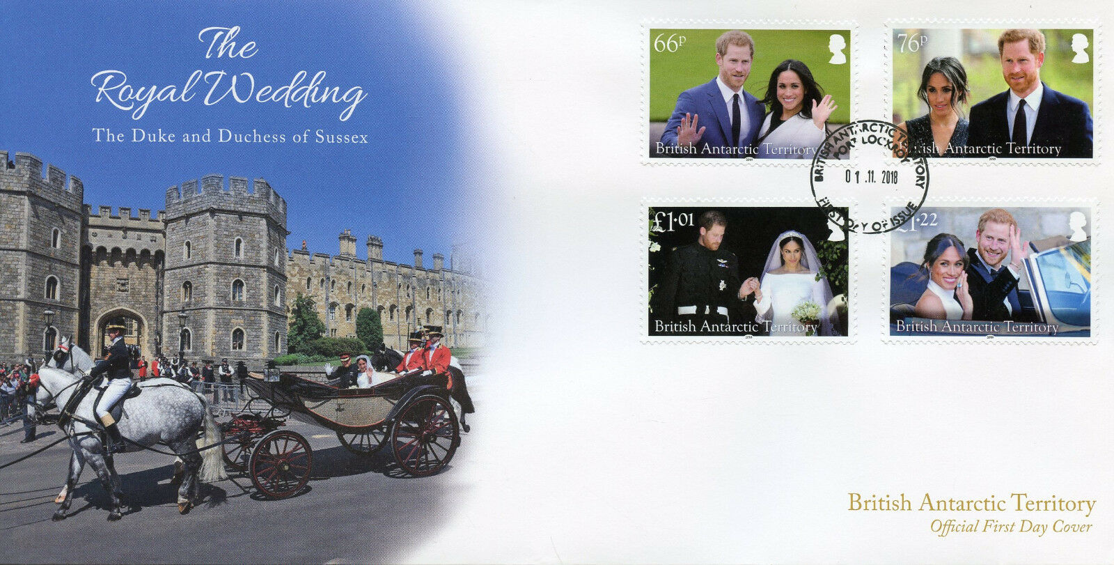 BAT Brit Ant Ter 2018 FDC Prince Harry Meghan Royal Wedding 4v Set Cover Stamps