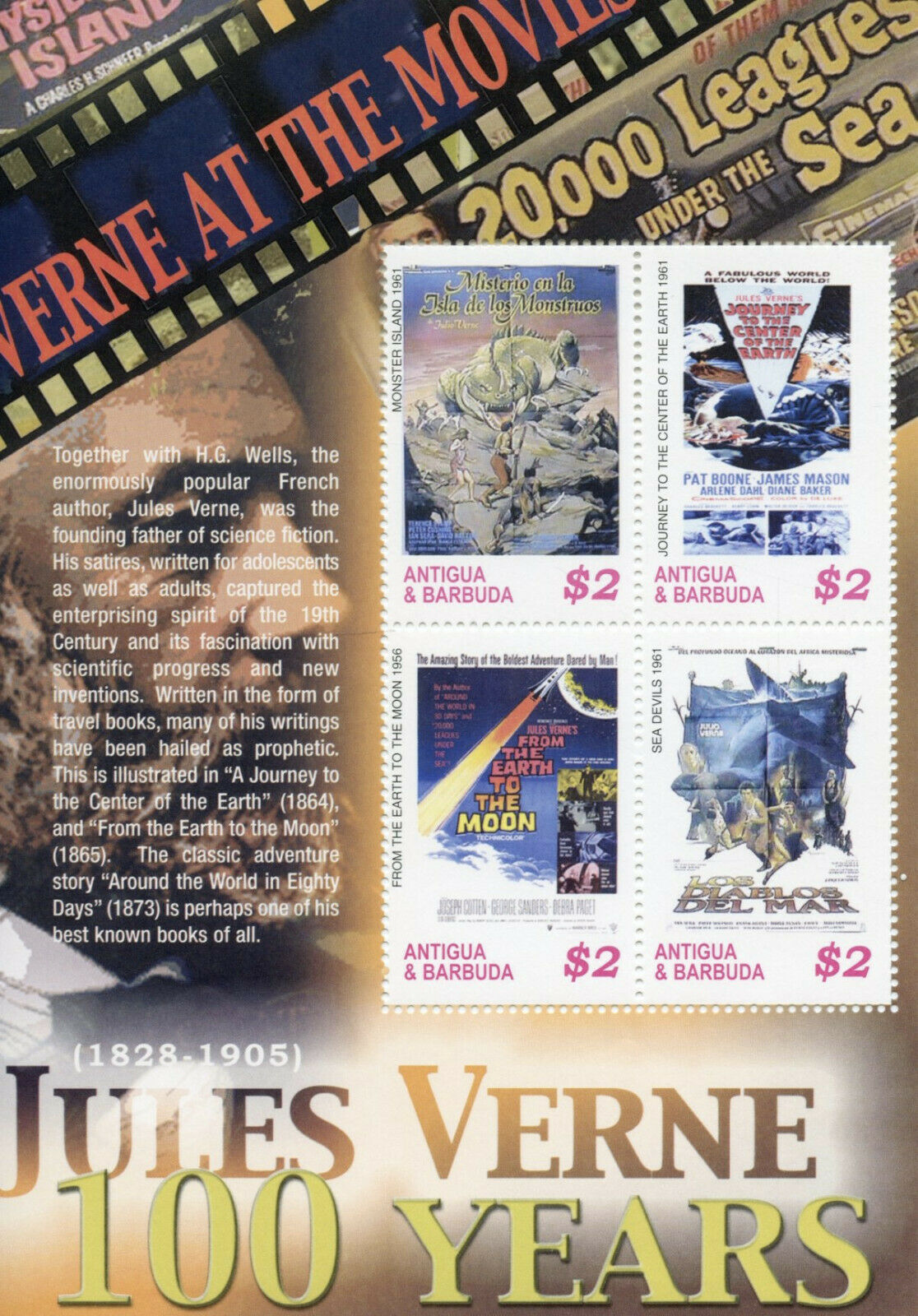 Antigua & Barbuda 2005 MNH Jules Verne Stamps Film Movie Posters Writers 4v M/S