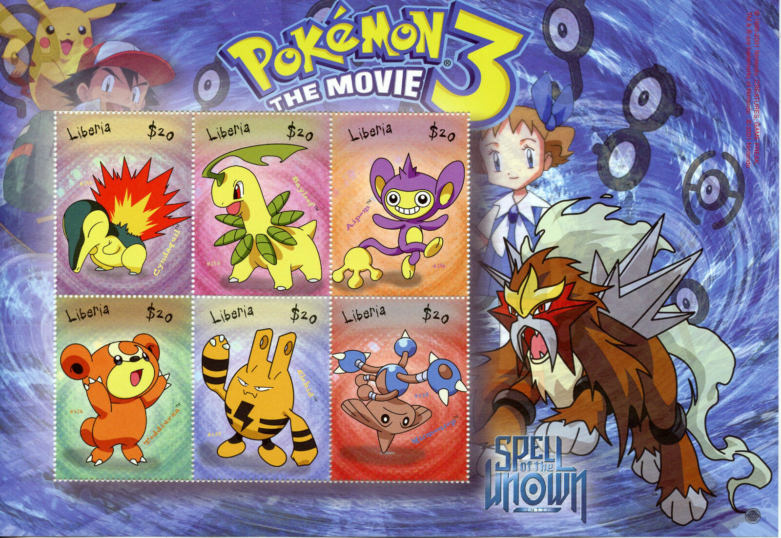 Liberia 2001 MNH Pokemon 3 The Movie Spell of Unown 6v M/S I Aipom Elekid Stamps